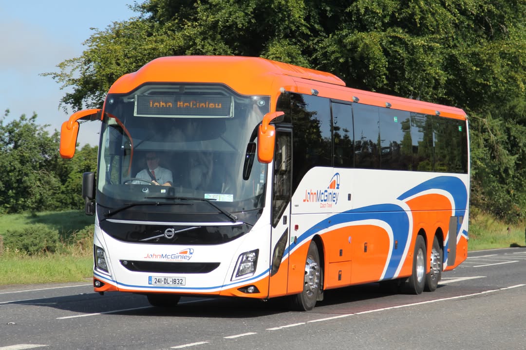 A luxury McGinley Coach Travel bus on a journey to Scotland.